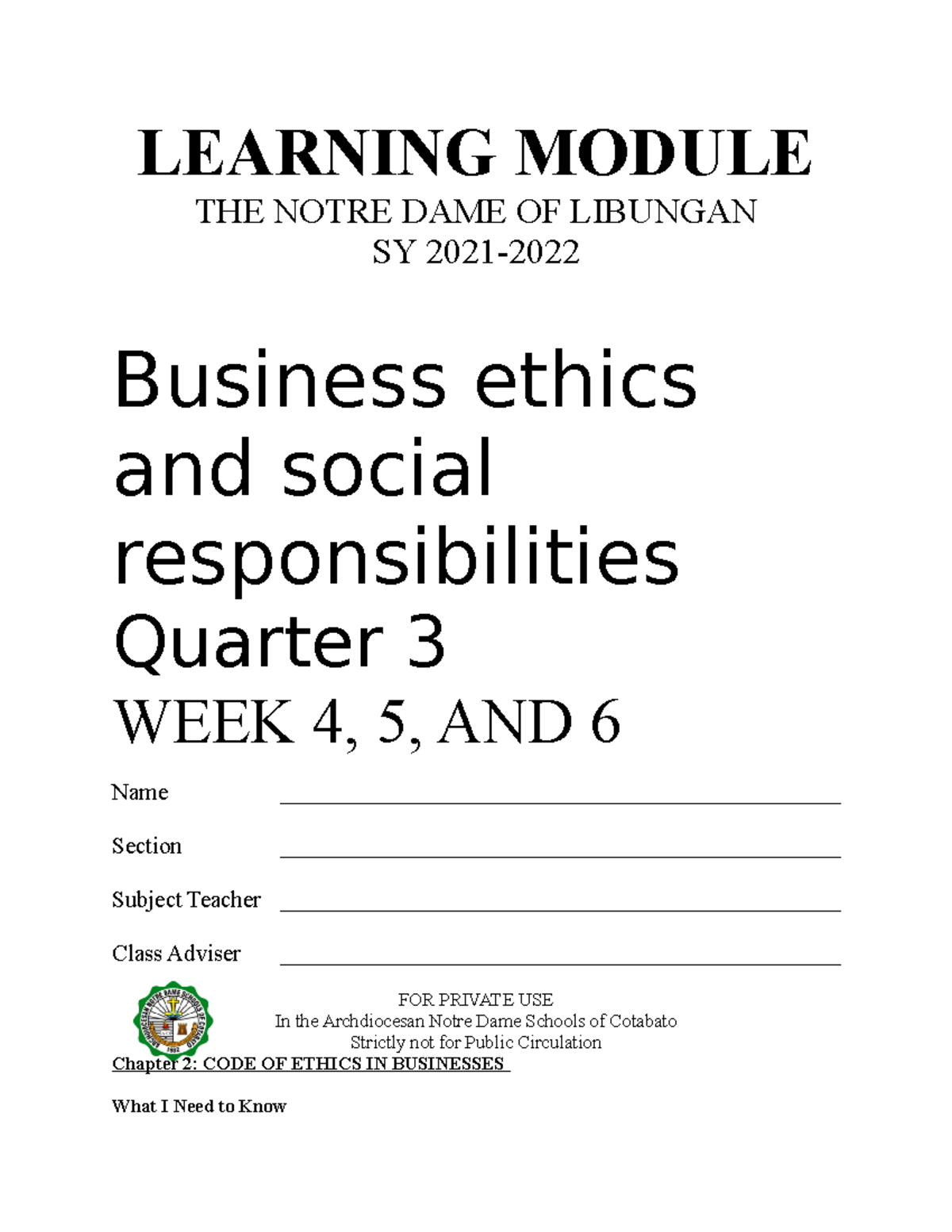 Business Ethics Q3: Module for Weeks 4 to 6 on Ethics Codes - Studocu