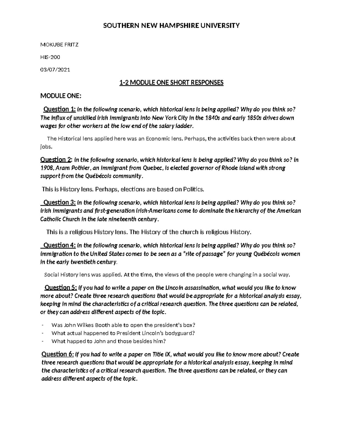 HIS-1 2 Module One Short Responses and Historical Analysis Questions ...