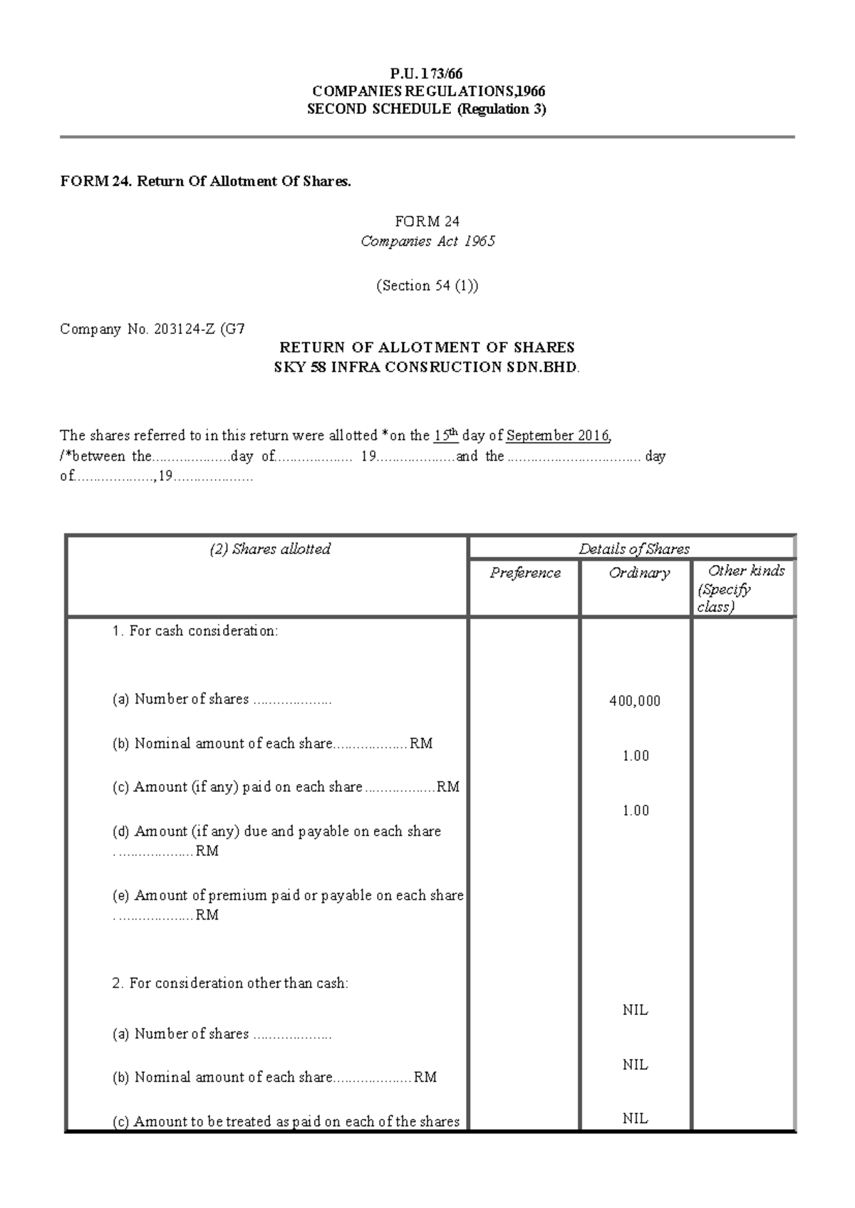 FORM 24: Return of Allotment of Shares (P.U. 173-66) - Studocu