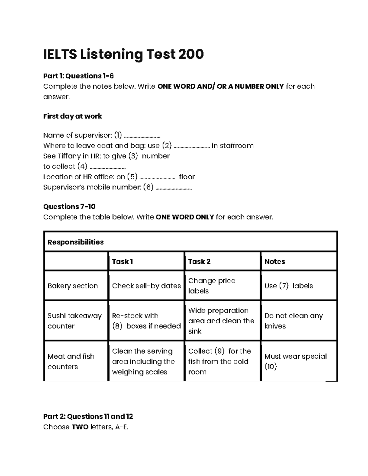 IELTS Listening Test 200: Part 1 & 2 Question Notes and Answers - Studocu
