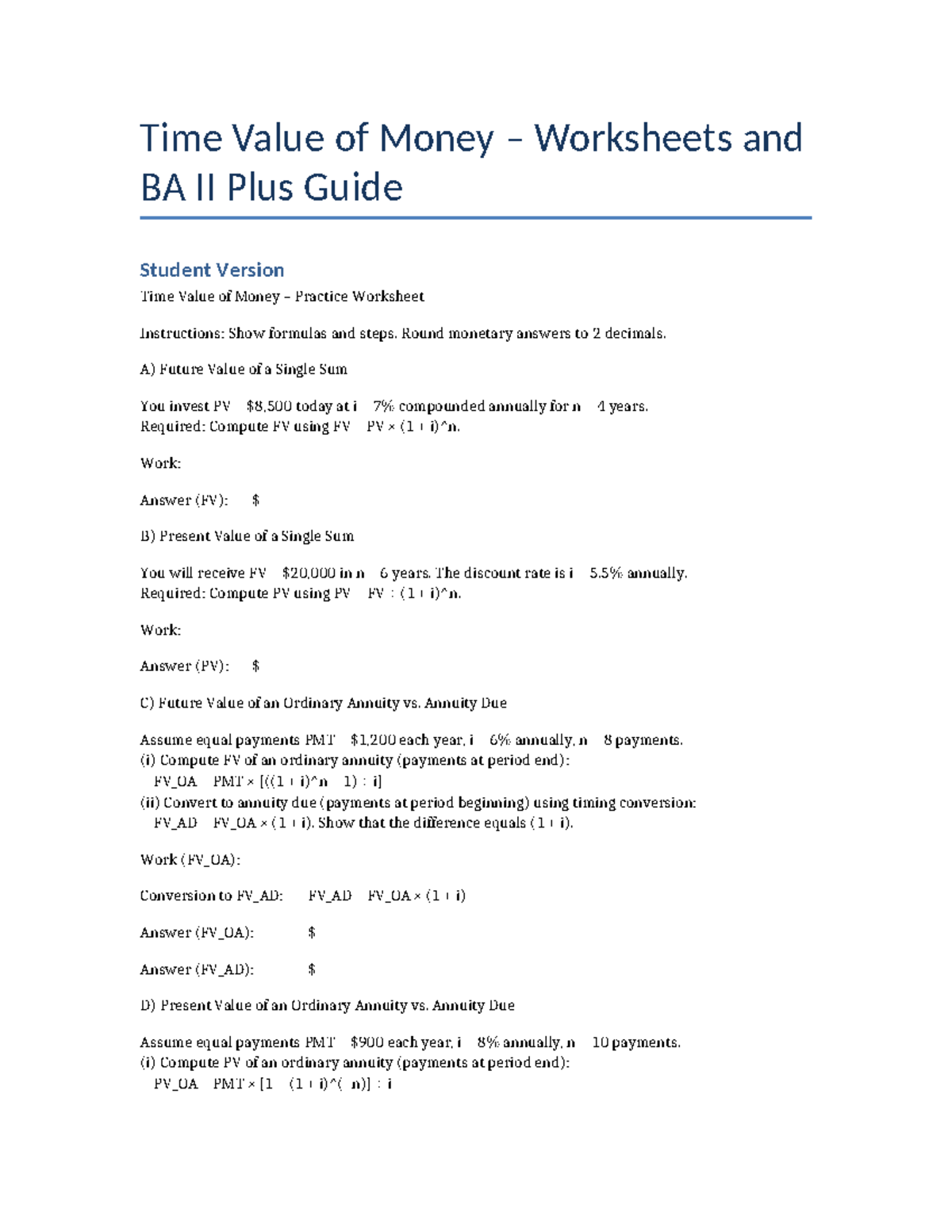 TVM Worksheets & BA II Plus Guide: Practice & Instructions - Studocu
