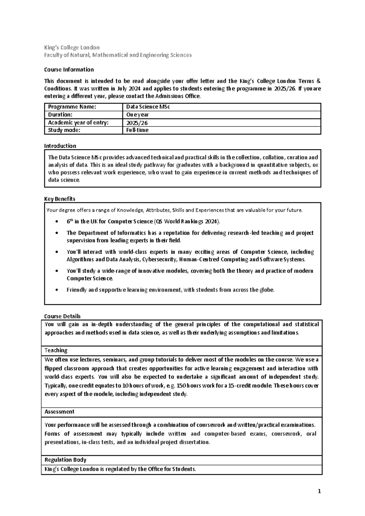 Data Science MSc FT course information and details for 2024 - Studocu
