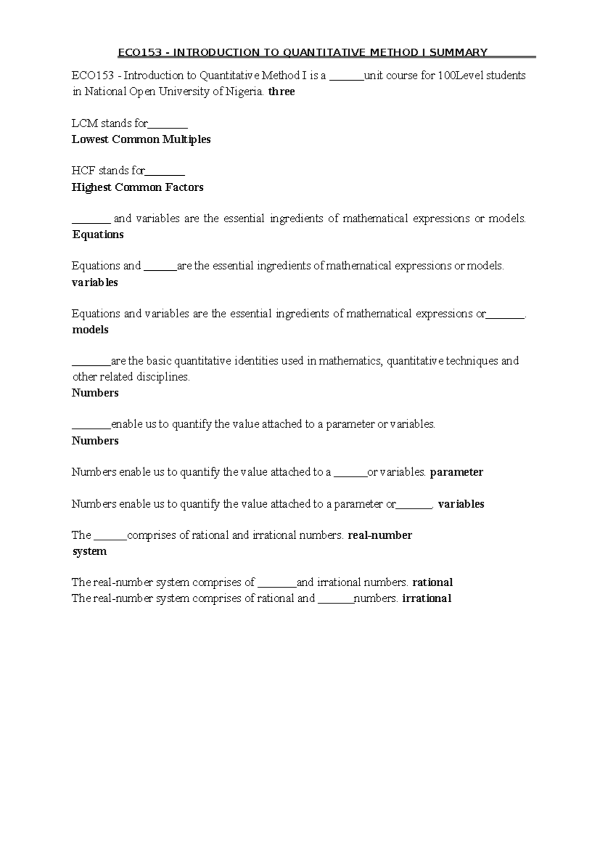 ECO153 - Summary of Key Concepts in Quantitative Methods I - Studocu