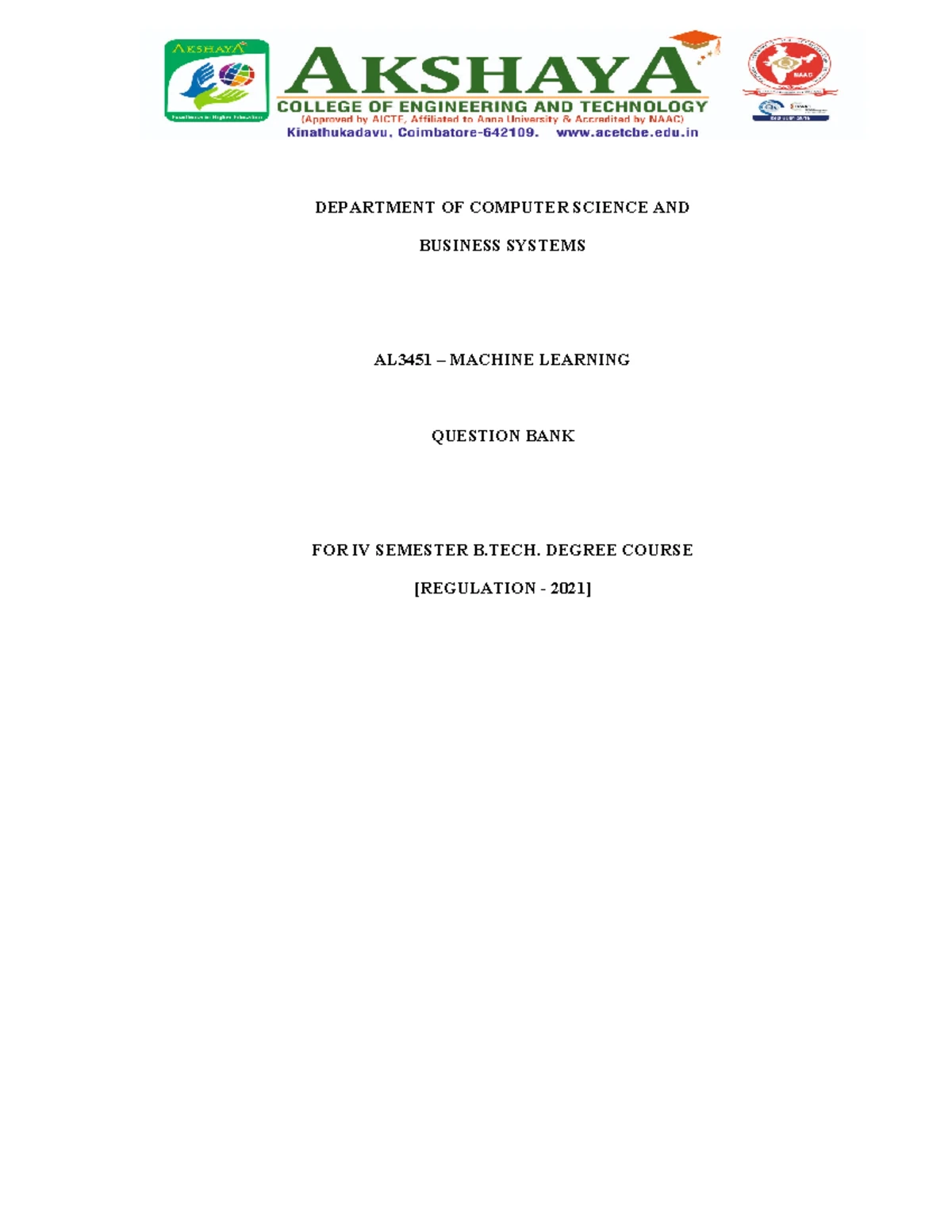CIS AL3451 Machine Learning Course Data Sheet for B.Tech AI&DS - Studocu