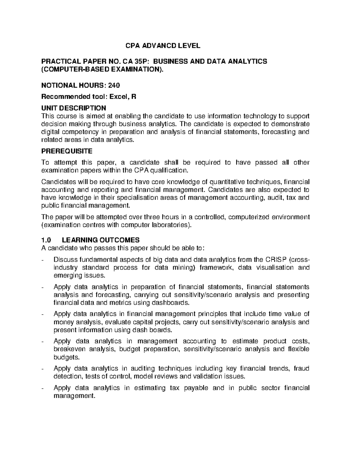 CPA ADVANCED LEVEL CA 35P: Business & Data Analytics Exam Notes - Studocu