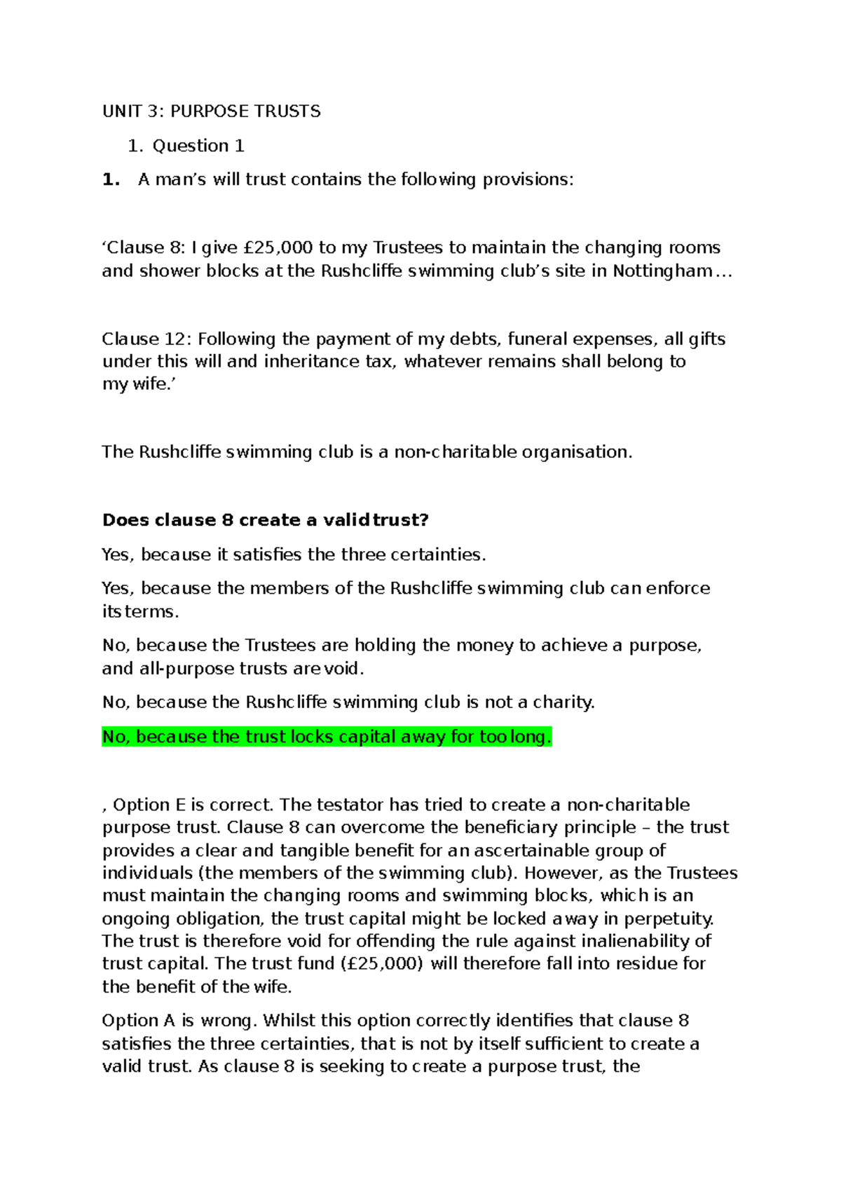 UNIT 3: Purpose Trusts - Analysis and Validity Issues - Studocu