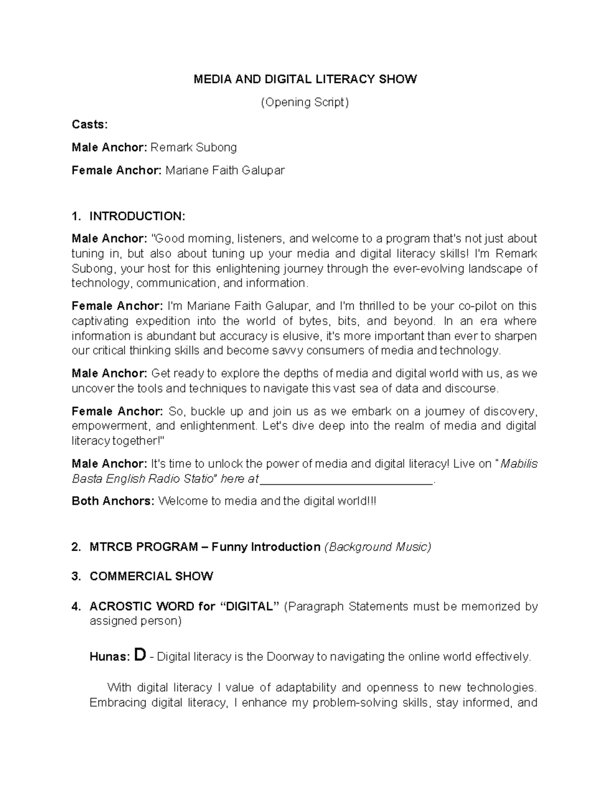 Media and Digital Literacy Show Script: Bringing Knowledge to Life ...
