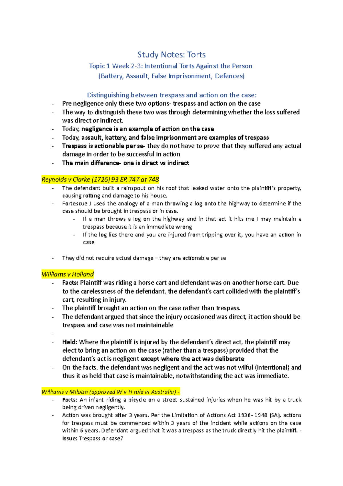 LAWS2702 Exam Prep Notes - Study Notes: Torts Topic 1 Week 2-3 ...