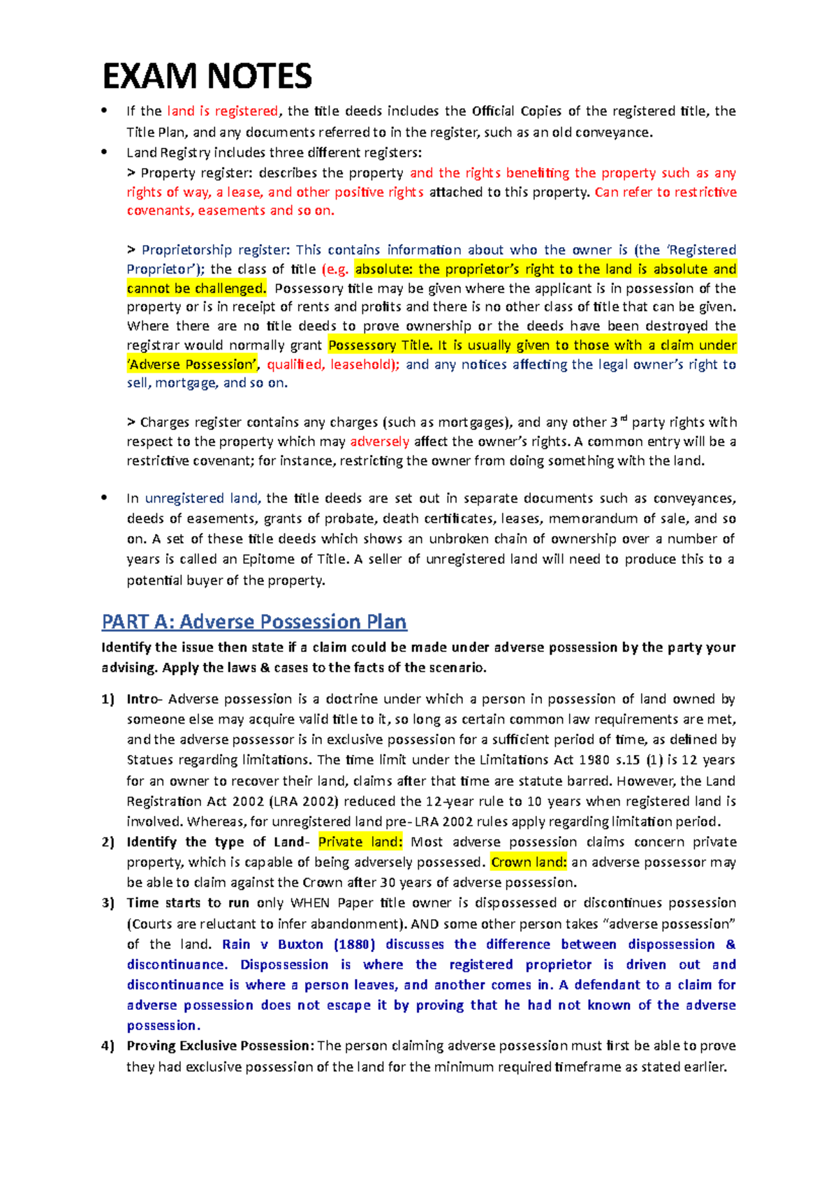 LAND LAW EXAM (Adverse possession) Notes - If the land is registered ...