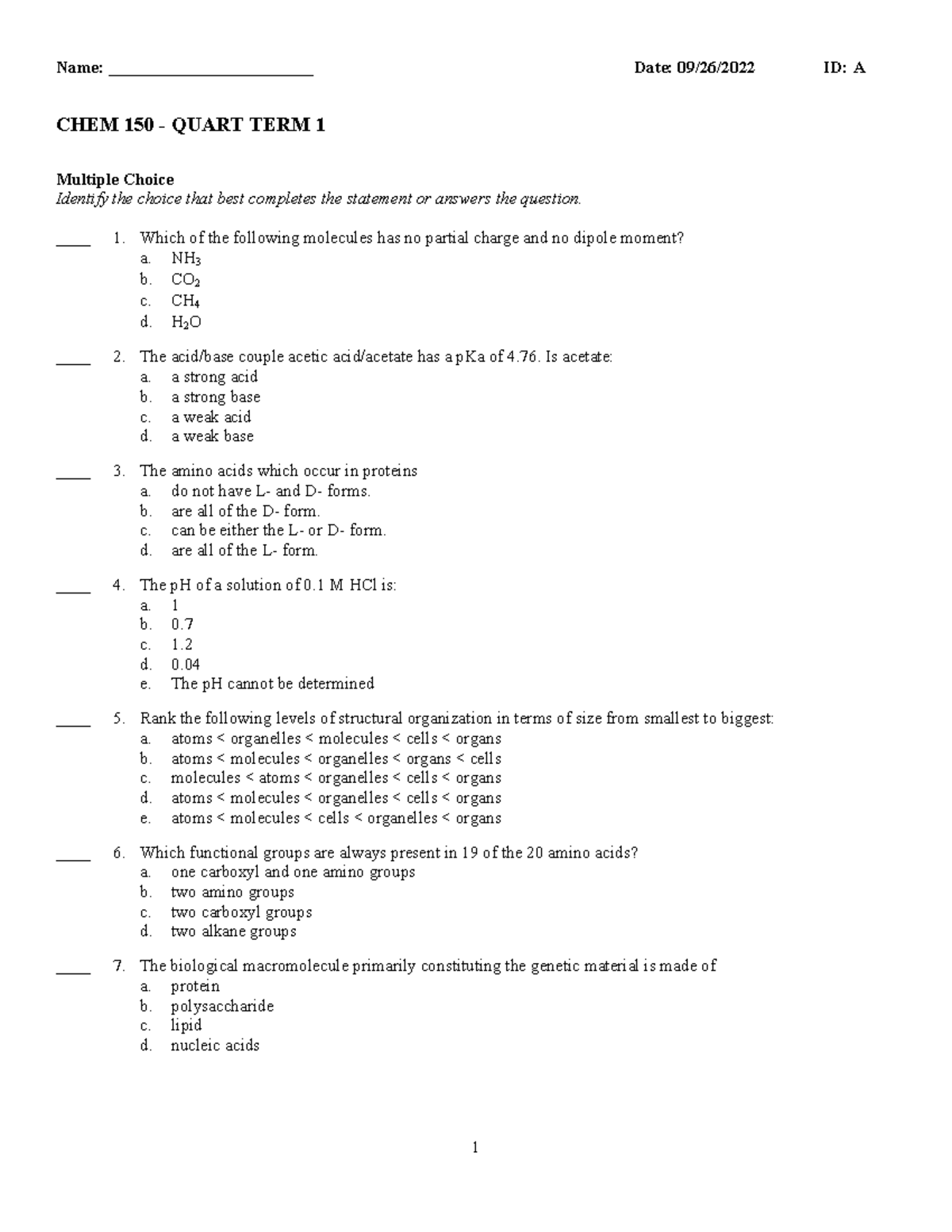 CHEM 150 - Midterm Exam: Acids, Bases, and Amino Acids - Studocu