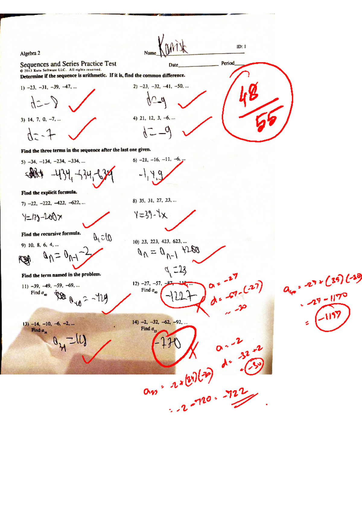 Algebra 2 Practice Test: Sequences & Series Solutions - Studocu