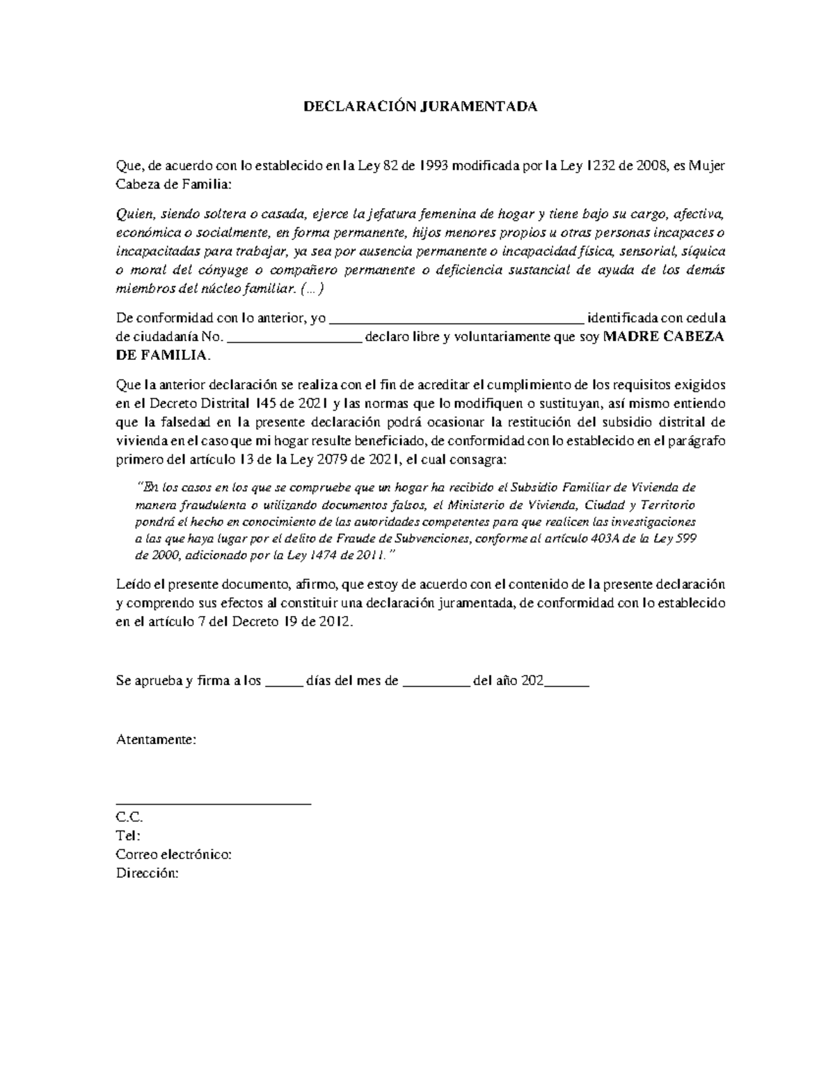 Declaración Juramentada de Madre Cabeza de Familia para Subsidio - Document Preview