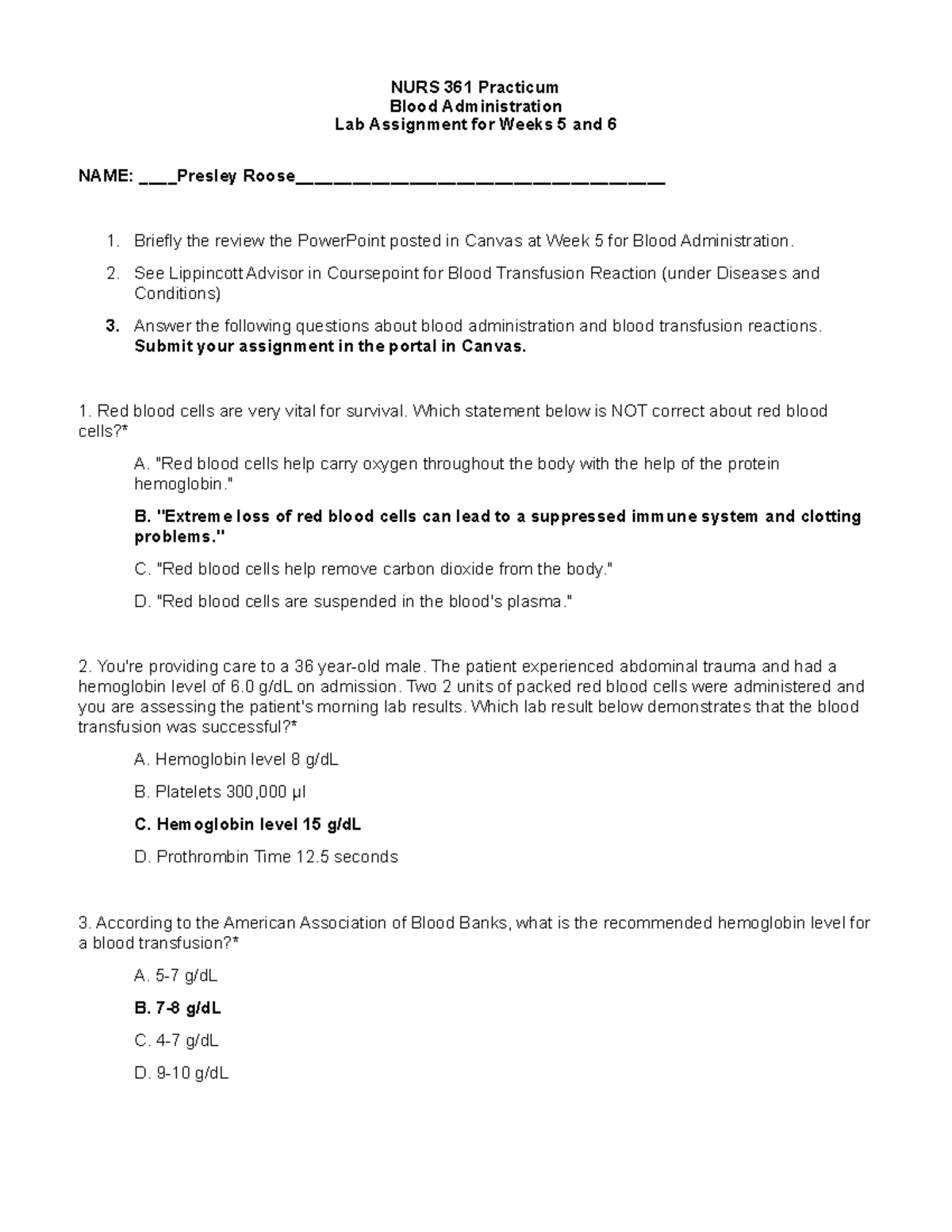 Blood Administration Assignment - NURS 361 Practicum Blood ...