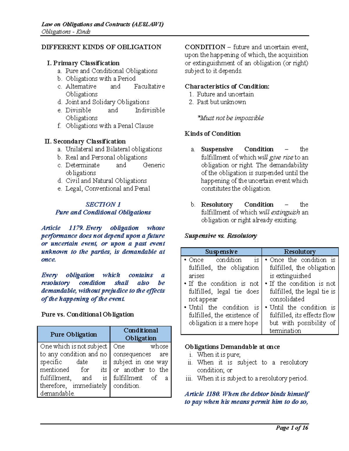 Kinds of Obligations - Quick Notes (AE8LAW1) - Studocu