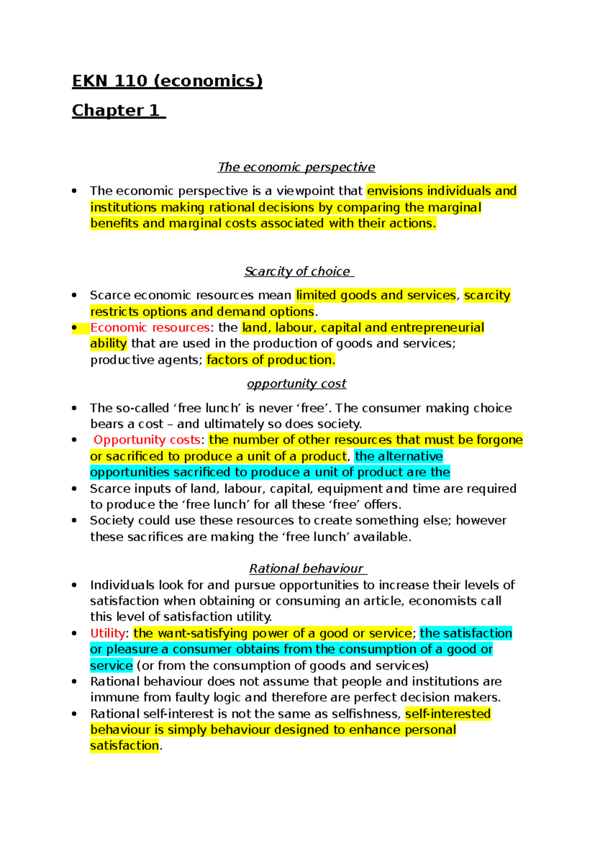 EKN 110 Final Exam Notes: Chapter 1 - The Economic Perspective - Studocu