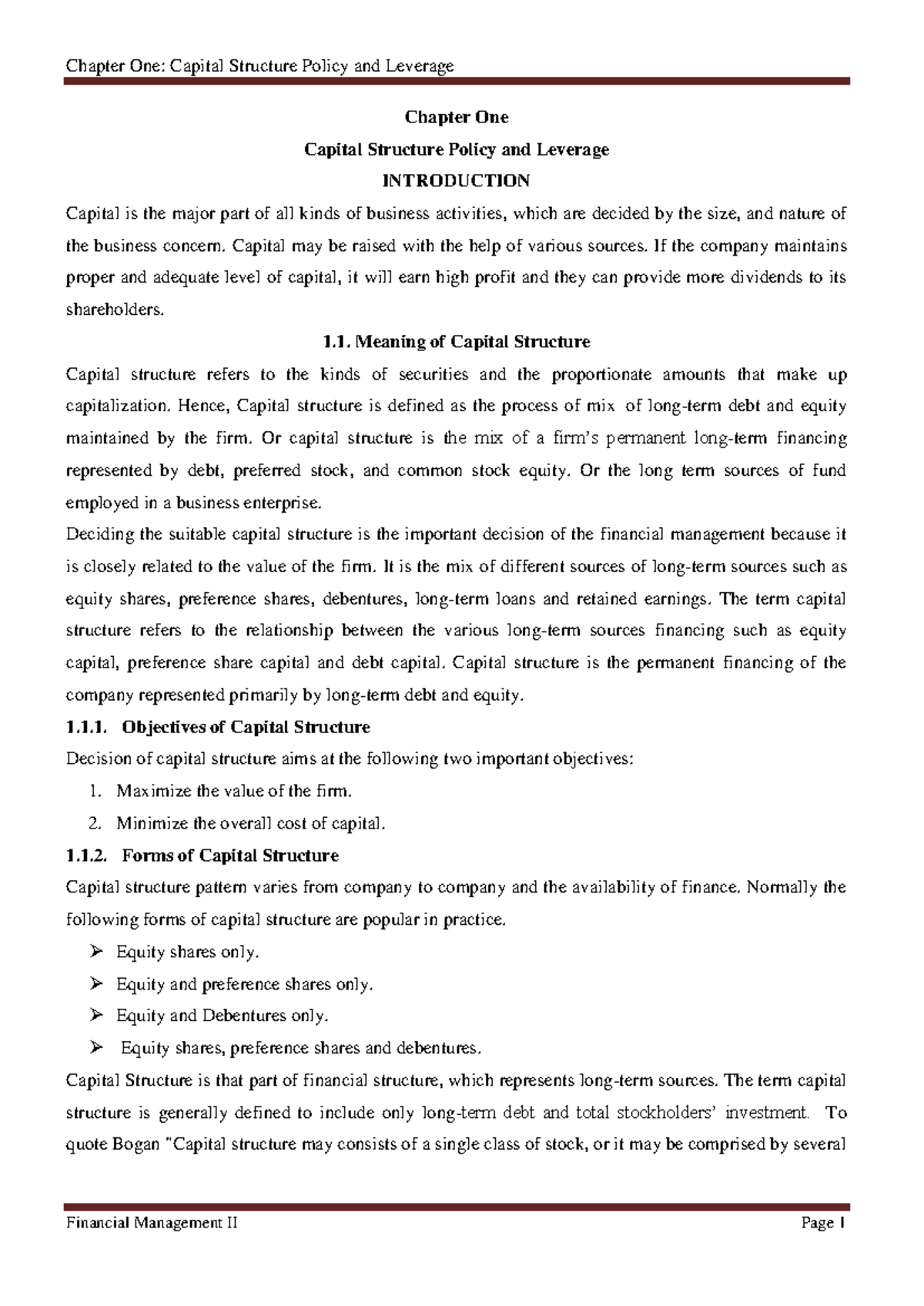 FM II Chapter 1 CSP &L - Lecture note - Chapter One Capital Structure ...