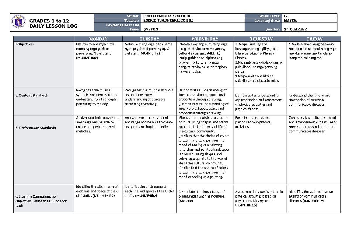 DLL MAPEH 4 2ND QUARTER WEEK 3 LESSON LOG - Studocu