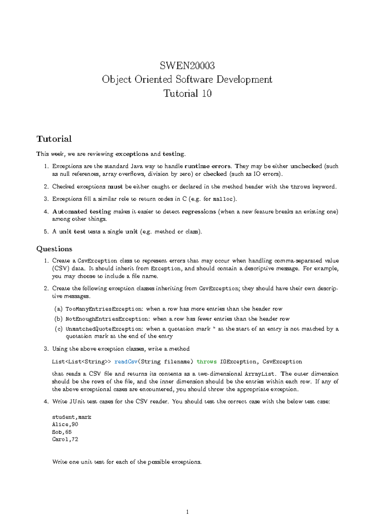 Object Oriented Software Dev - Tutorial 10: Exceptions & Testing - Studocu