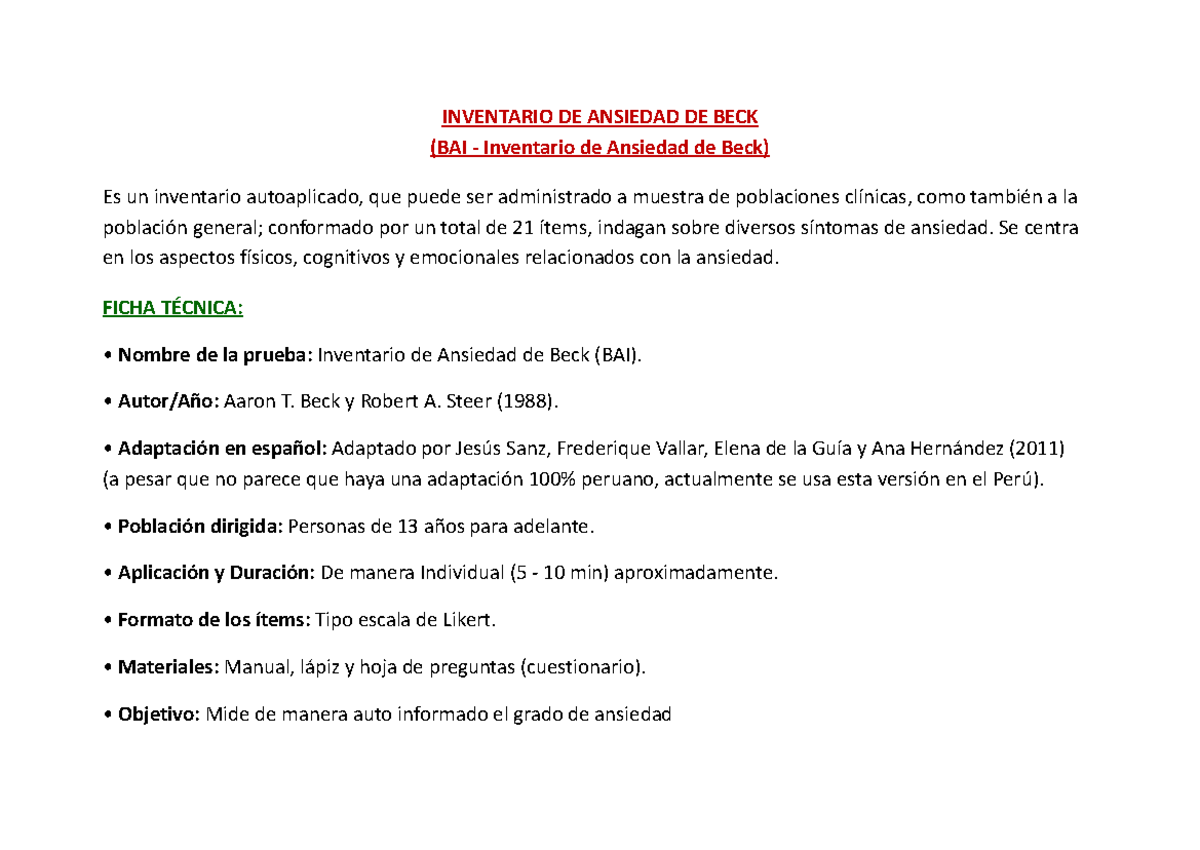 Inventario de Ansiedad de Beck (BAI) - Descripción y Validación - Studocu