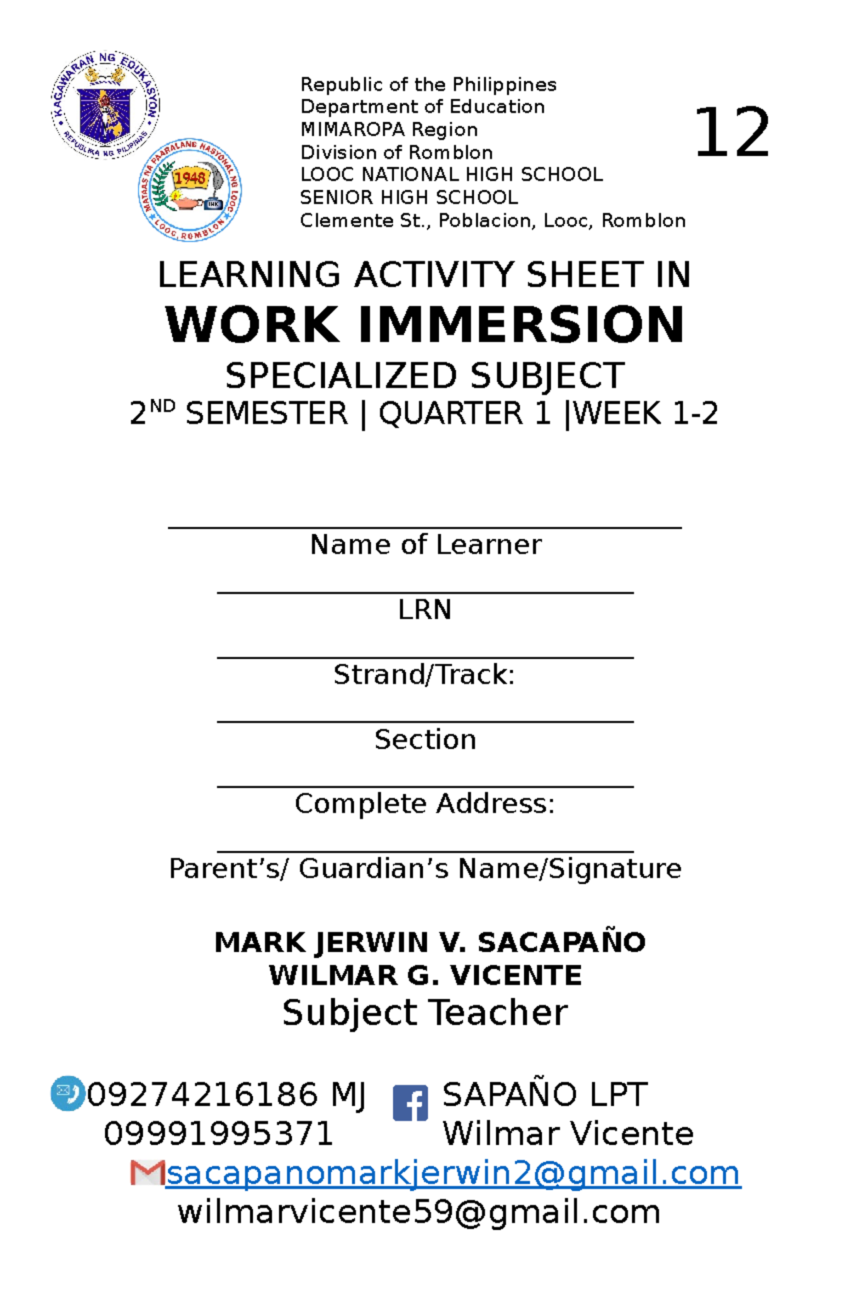 Work Immersion Activity Sheet: Week 1 Responses and Ethics - Studocu