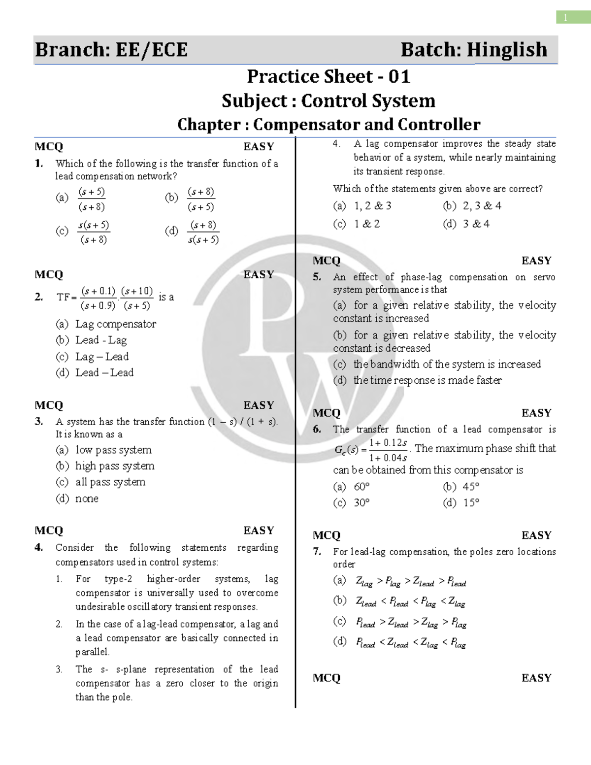 Compensator and Controller Practice Sheet 01 (by Diptanshu sir) - 1 ...