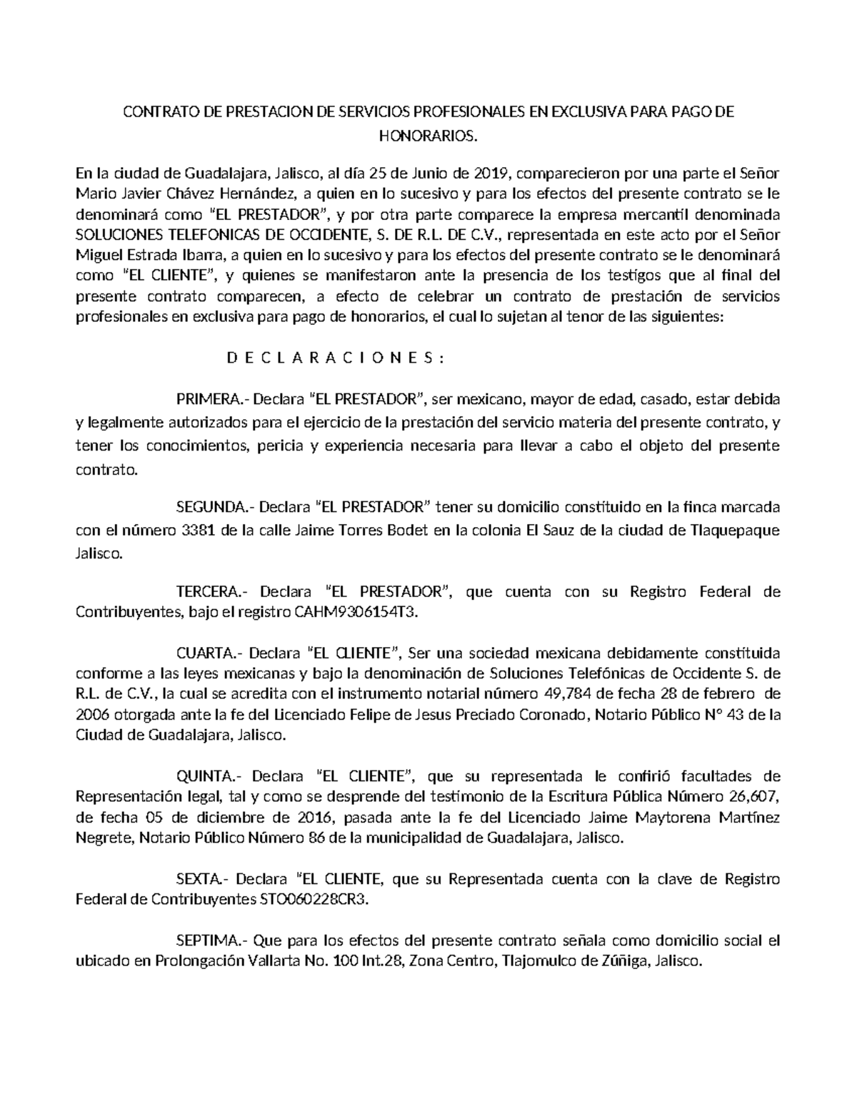 Contrato de Prestación de Servicios Profesionales para Honorarios F2F ...