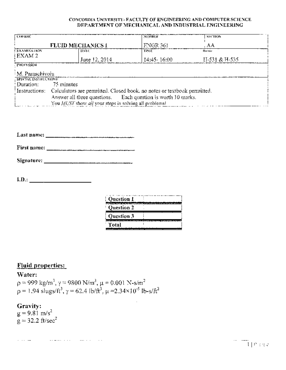 Sample Exam 2 for ENGR 361: Fluid Mechanics I - Studocu