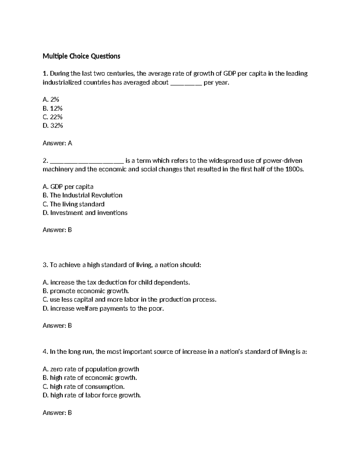 S3 - Multiple Choice Questions on Economic Growth and Development - Studocu