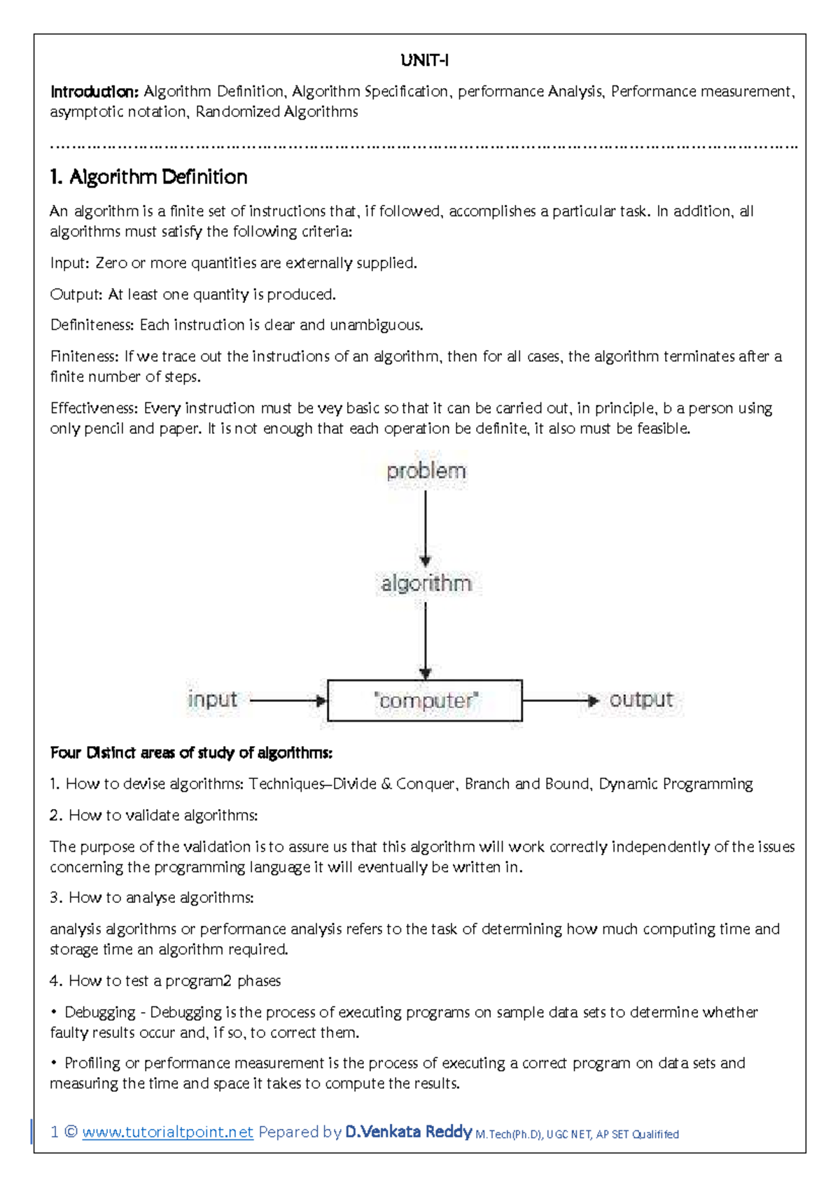 ADSA UNIT-I: Introduction to Algorithm Definition & Performance ...