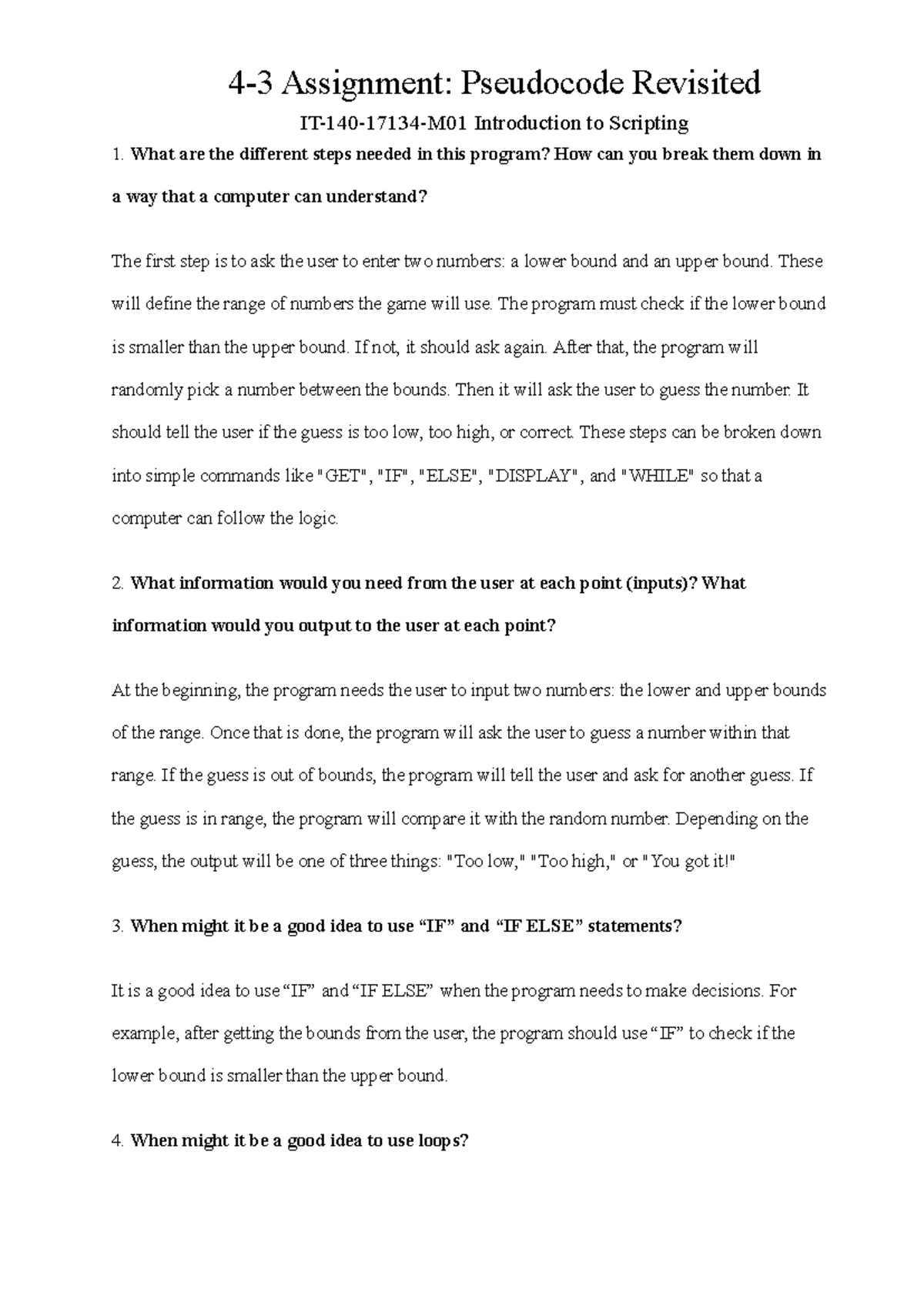 4-3 Assignment: Pseudocode for Number Guessing Game in Scripting - Studocu