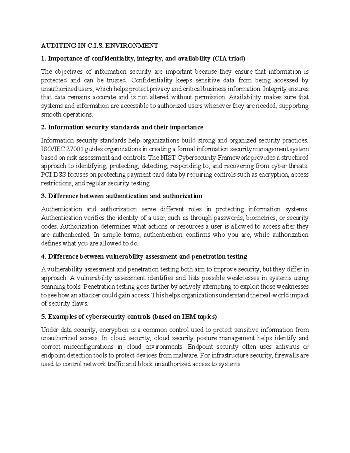AUDITING IN C.I.S. ENVIRONMENT: CIA Triad & Security Standards - Studocu