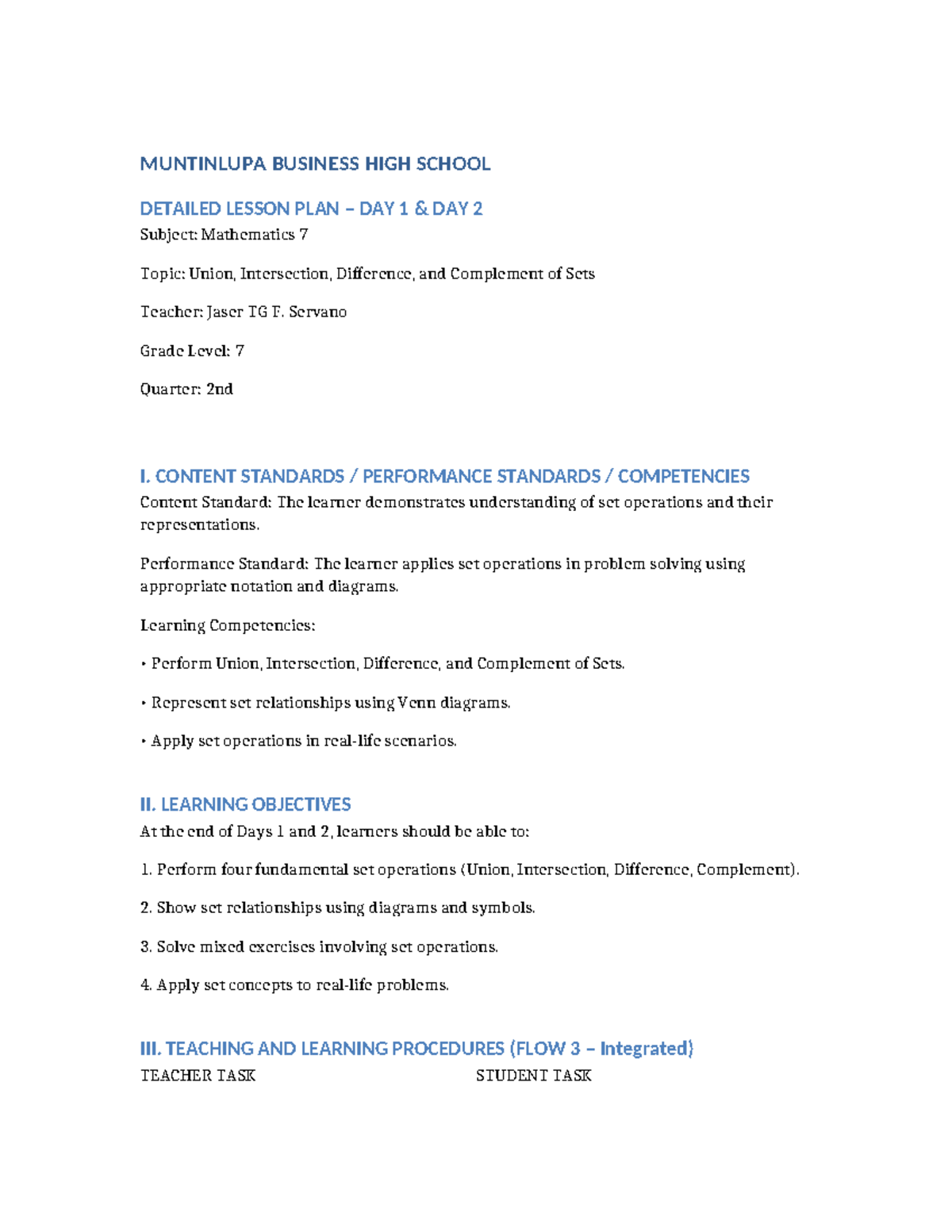MATH 7 Detailed Lesson Plan: Set Operations (Union, Intersection) - Studocu