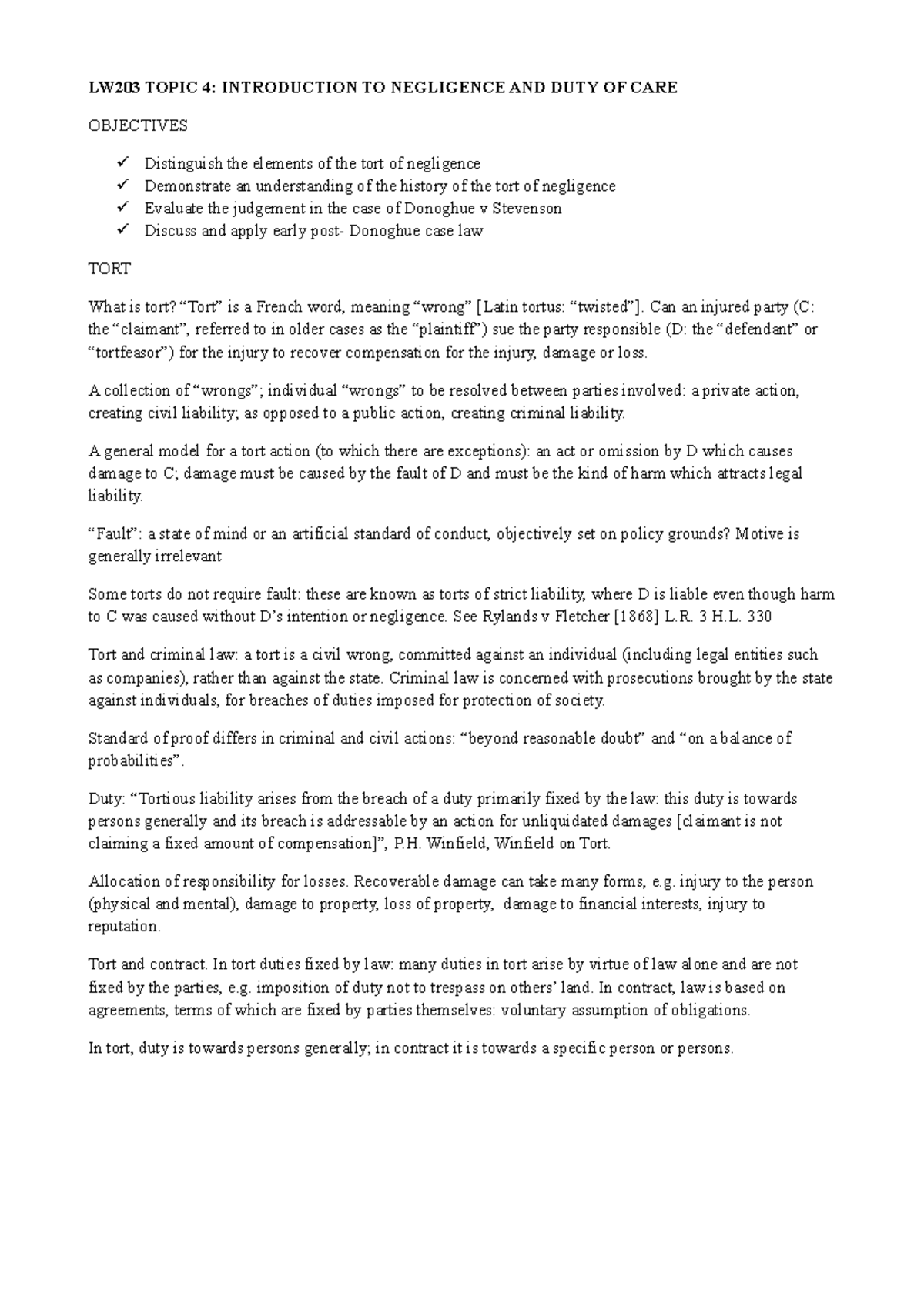 LW203 Topic 4 - sum - LW203 TOPIC 4: INTRODUCTION TO NEGLIGENCE AND ...