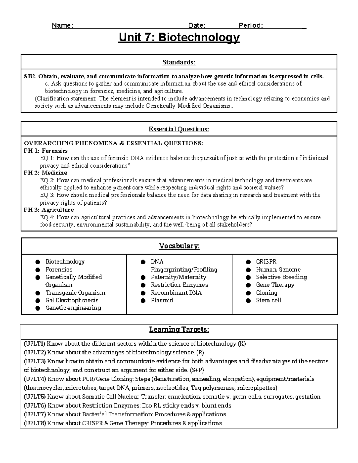Unit 7: Biotechnology Overview and Ethical Considerations - Studocu