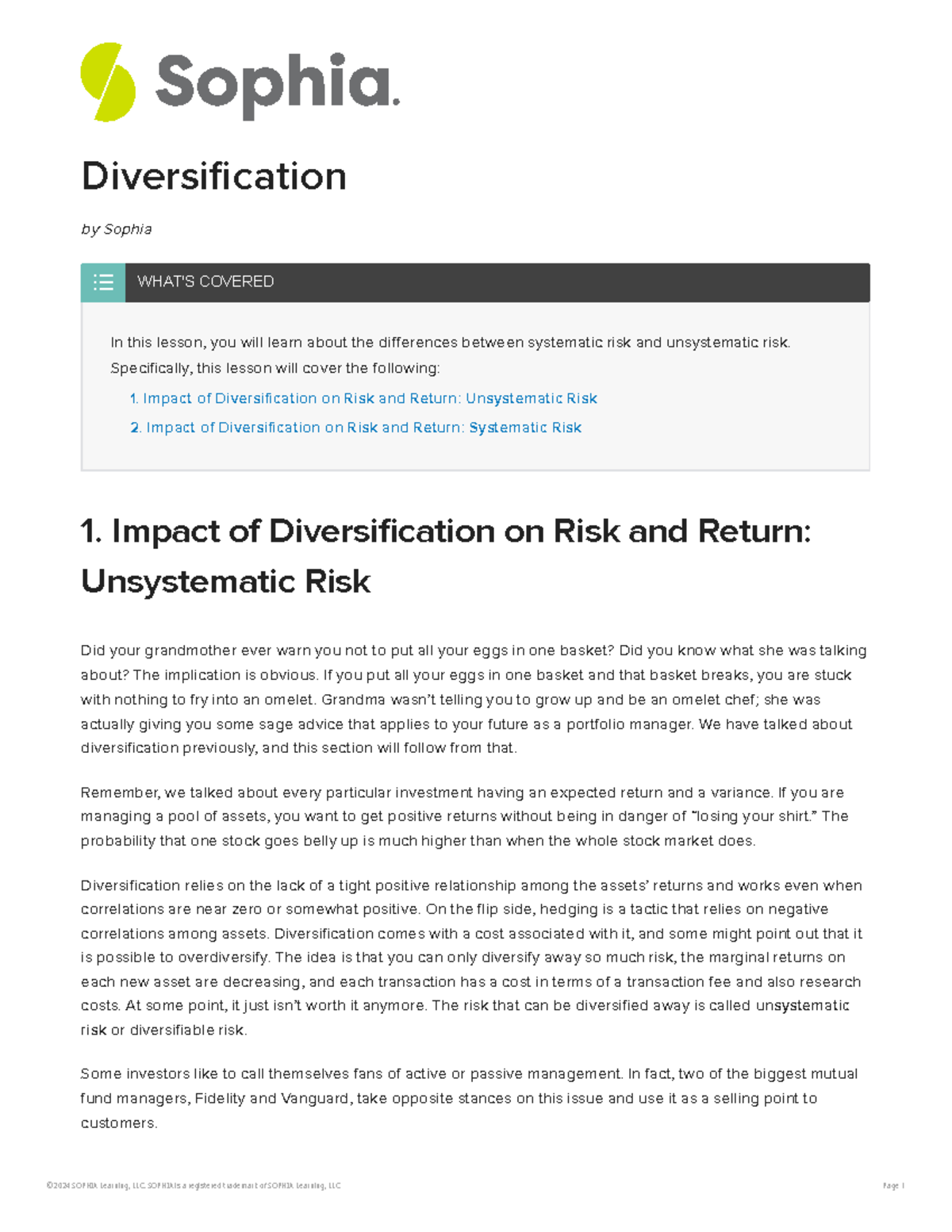 Diversification - Lecture Notes on Systematic & Unsystematic Risk - Studocu