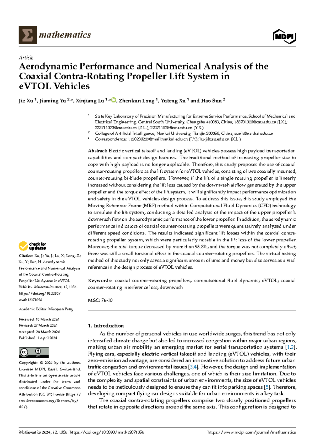 Mathematics 2024: Aerodynamic Analysis of Coaxial Propellers in eVTOL ...