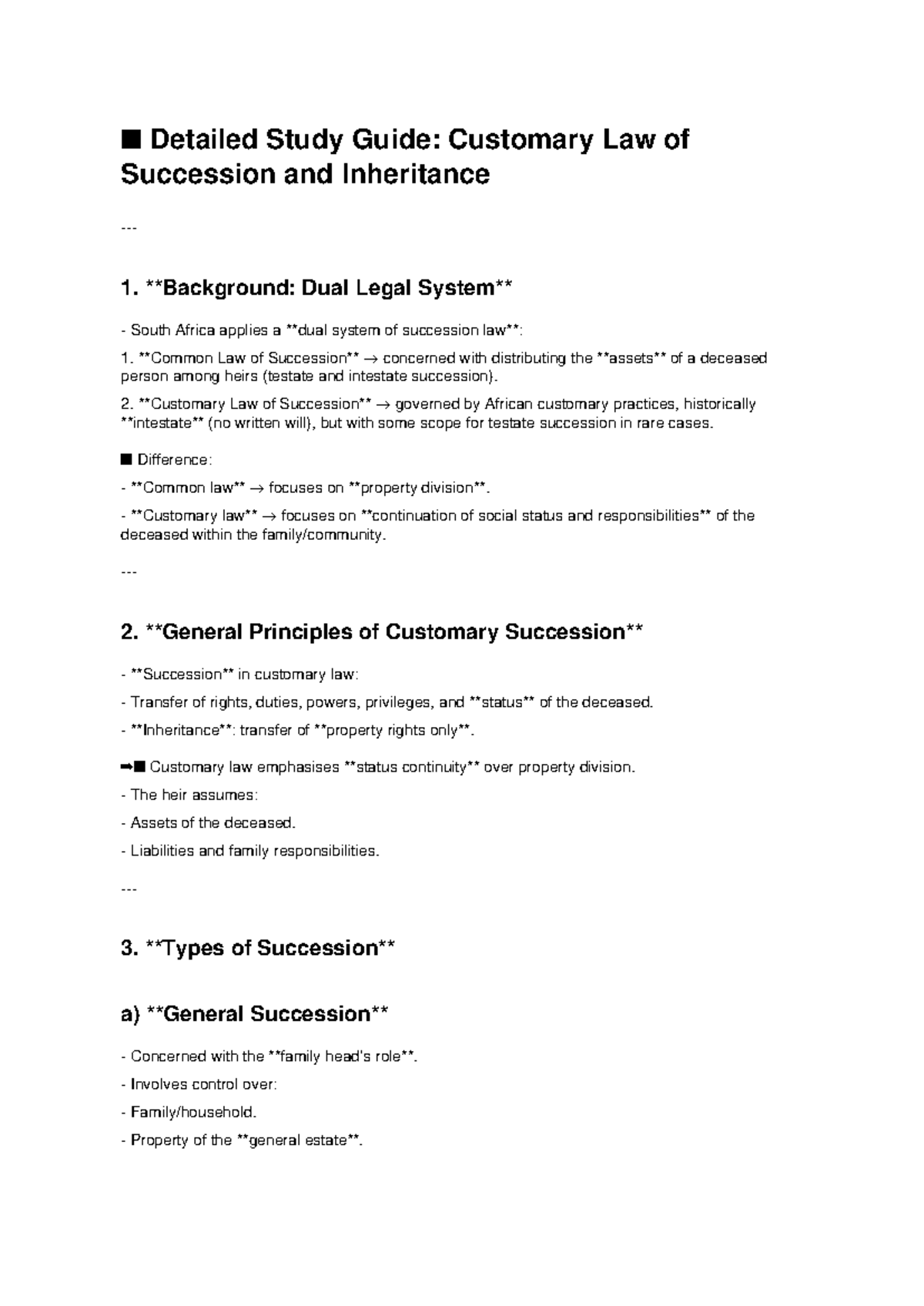 Customary Law of Succession Study Guide: South Africa 1 - Studocu