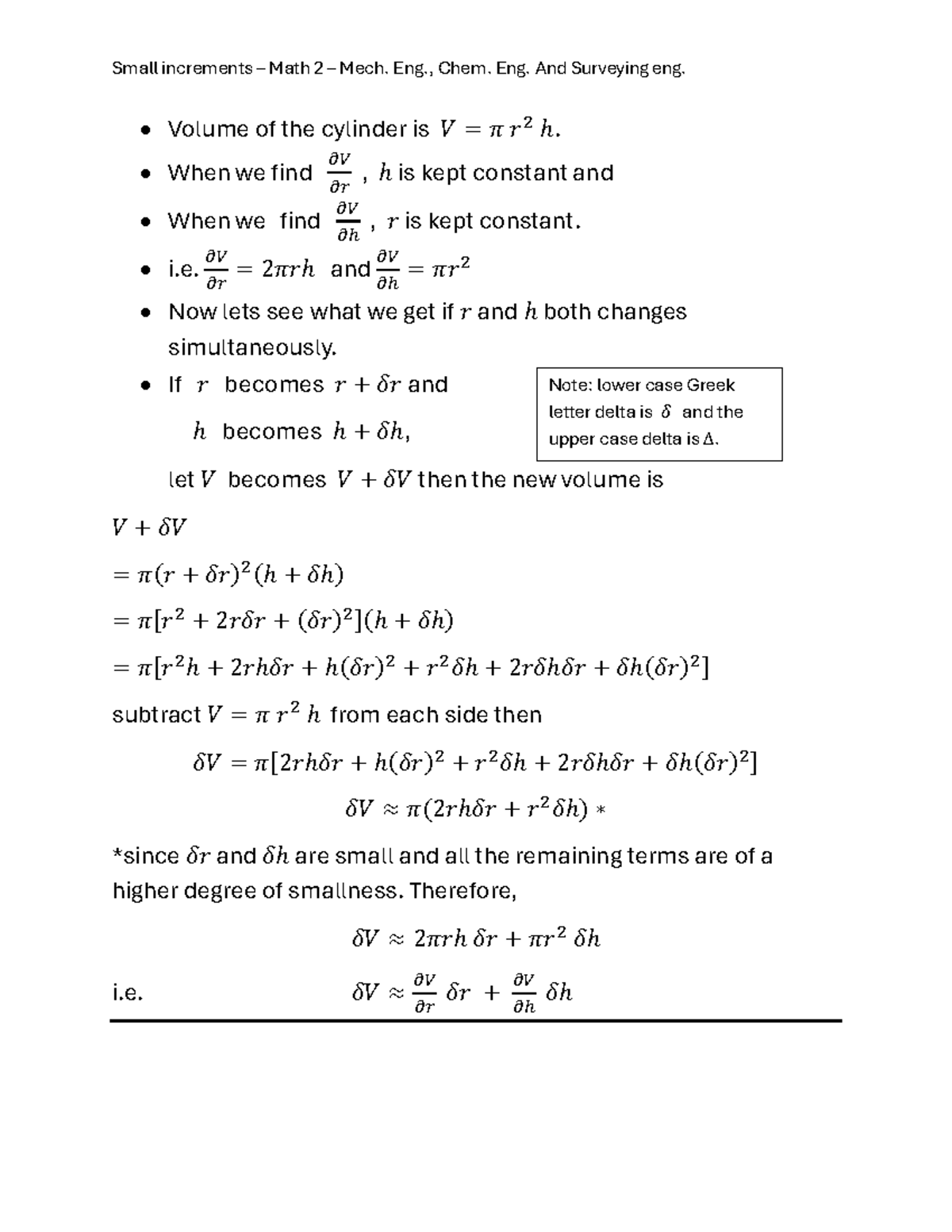 Small Increments in Volume Calculations for Math 2 Mech. Eng. - Studocu