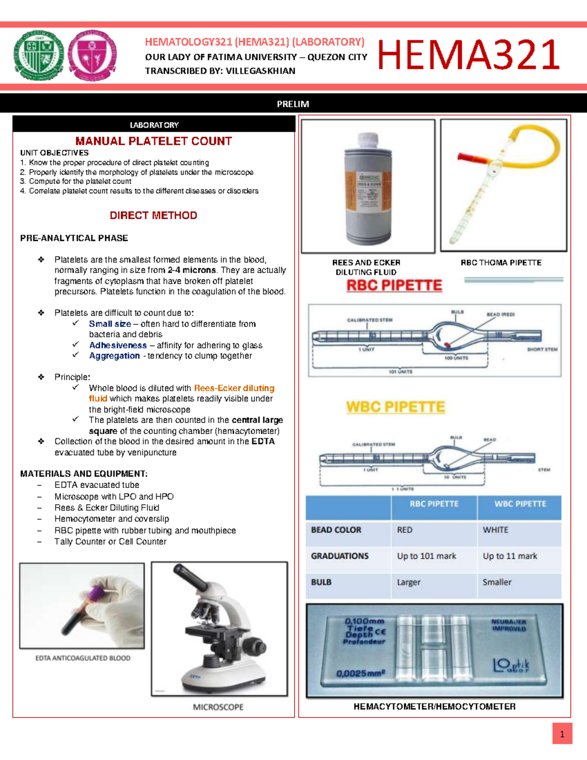 HEMA321 Laboratory Manual: Direct Platelet Count Method - Studocu