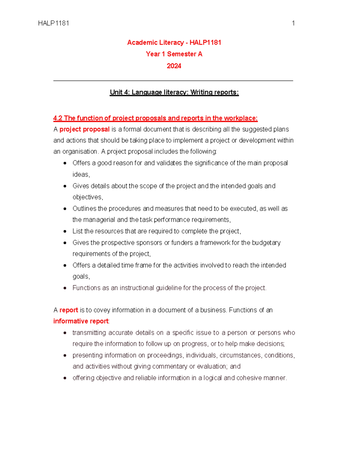 HALP1181 Academic Literacy: Project Proposals & Reports Guide - Studocu