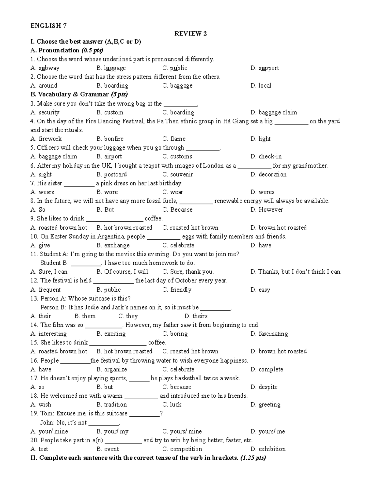 ENGLISH 7 REVIEW 2: Vocabulary & Grammar Practice - Studocu