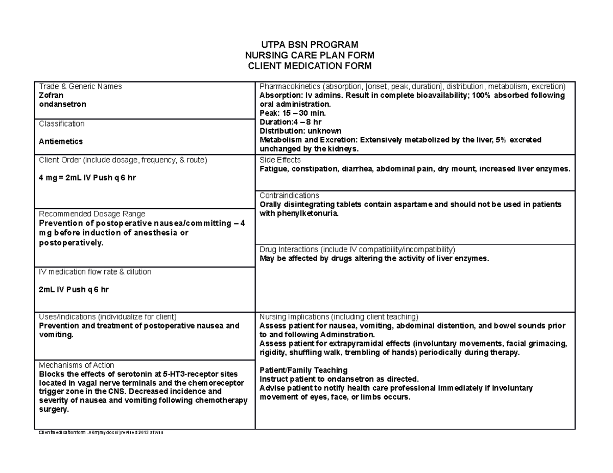 NURS 4306 - Zofran (Ondansetron) Medication Summary & Nursing Care Plan ...