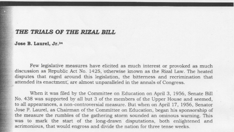 The Trials of the Rizal Bill (Republic Act No. 1425) - Studocu