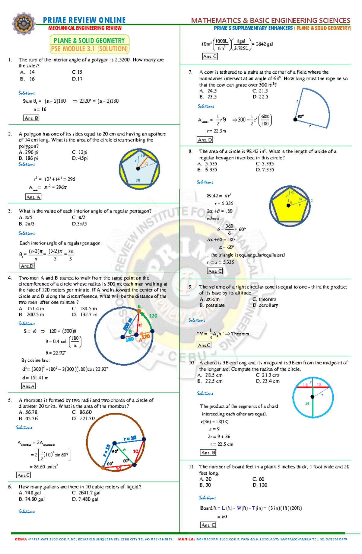 MECHANICAL ENGINEERING REVIEW PSE 3.1: PLANE & SOLID GEOMETRY SOLUTIONS ...