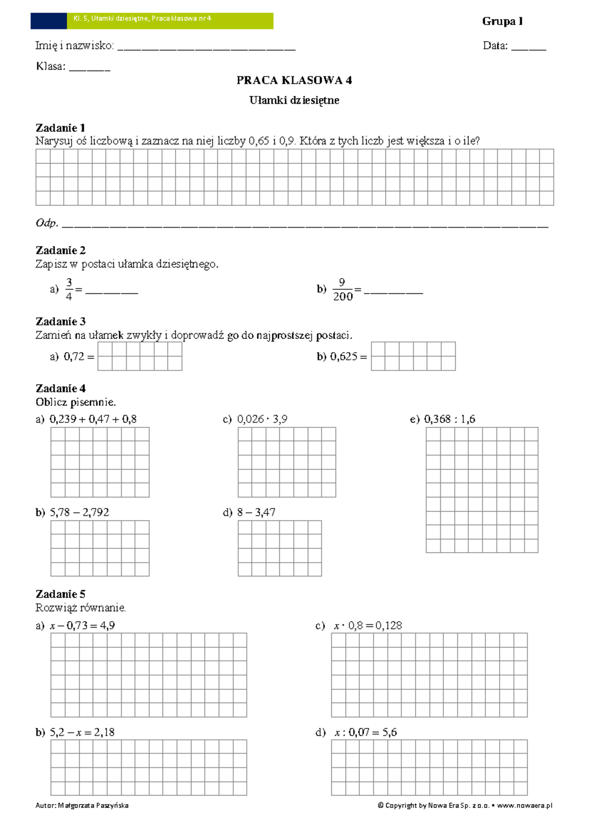 Sprawdzian Matematyka Kl 4 Ułamki Dziesiętne