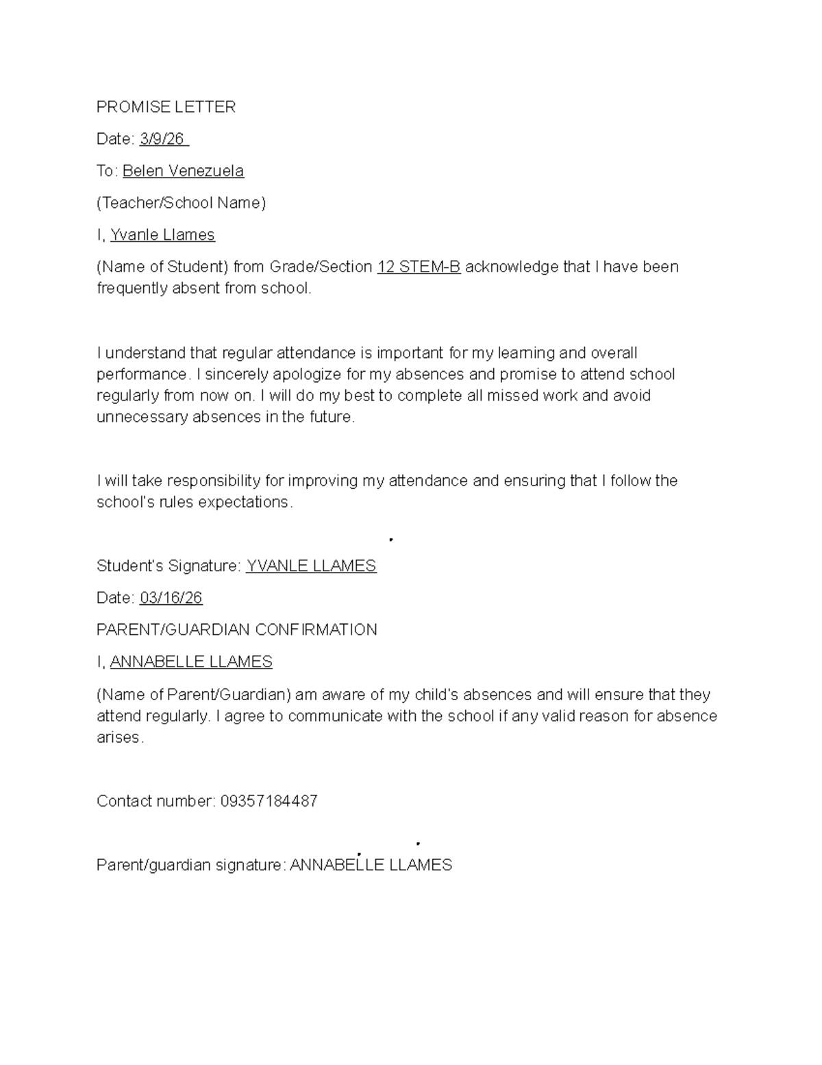 Promise Letter for Improved Attendance - Example - Studocu