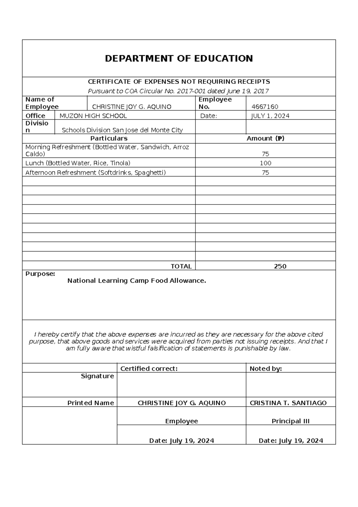 NLC- Teachers- Receipt - CERTIFICATE OF EXPENSES NOT REQUIRING RECEIPTS ...