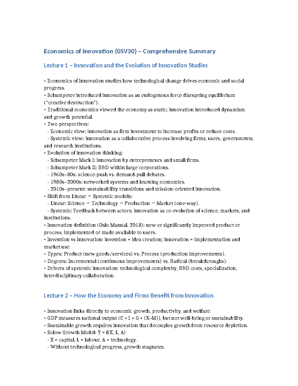 0SV30 Comprehensive Summary of Innovation Economics Lectures - Studeersnel