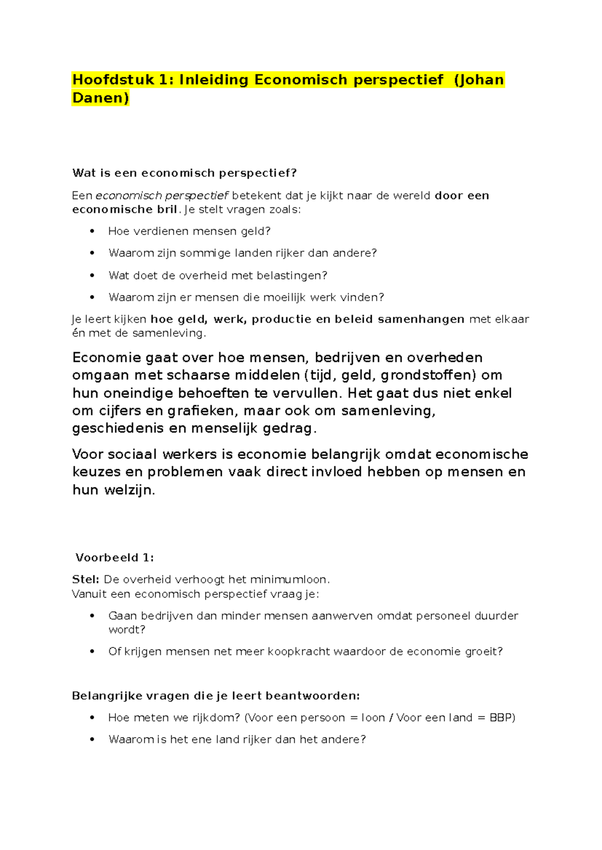 Samenvatting Economisch Perspectief Hoofdstuk 1 (Johan Danen) - Studocu