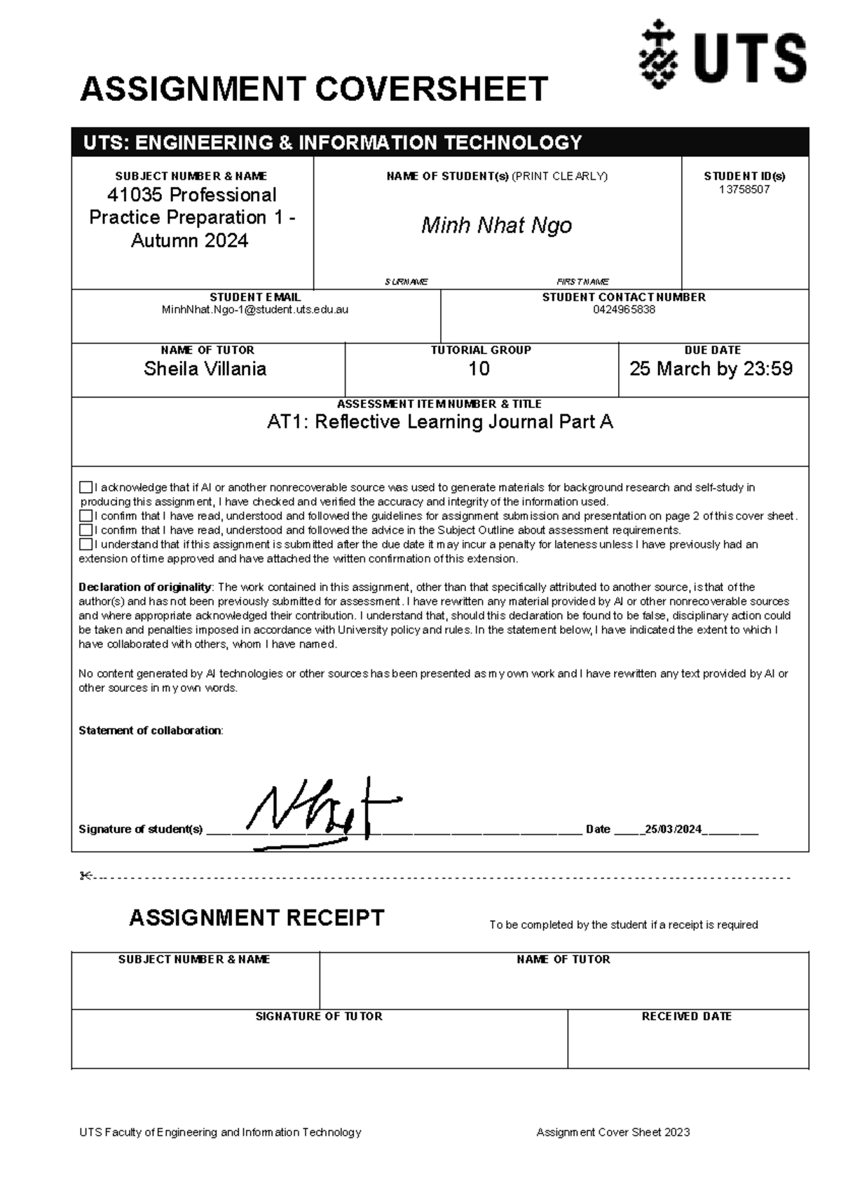 UTS 41035 Professional Practice Preparation 1 Assignment Coversheet ...